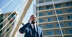 Business, travel and black man with phone call in city for company commute, booking and info. Low angle, attorney and technology with suitcase on bridge for legal case, schedule and update of journey