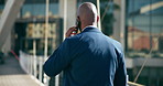 Phone, call and black man in city for business, planning and walking on morning commute to law firm. Lawyer, African businessman or urban attorney with smartphone, discussion and contact from back