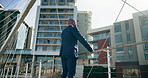 Business man, back and thinking in city, bridge or view by skyscraper with reflection for future career path. Person, corporate lawyer and decision on metro sidewalk, inspiration and vision in Kenya