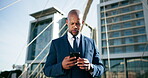 Phone, direction and business black man in city for guide, schedule appointment and location. Search, travel and time with person walking in outdoors for online navigation, networking and connection 