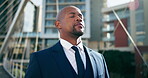 Breathing, relax and business black man in city for stress relief, employee or gratitude. Professional, corporate and urban with person and grounding technique for anxiety, resilience or perseverance