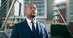 Breathing, calm and business black man in city for stress relief, employee or gratitude. Professional, corporate and urban with person and grounding technique for anxiety, resilience or perseverance