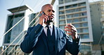 Stress, phone call and black man in city for business, planning and networking connection on morning commute. Lawyer, frustrated businessman or urban attorney with smartphone, discussion and contact