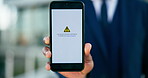 Phone screen, error and hand of business man in city for app suspension, privacy policy and website launch. Online agreement, ui system and violation sign with closeup of person and glitch interface