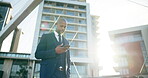 Phone, music and business with black man in city for streaming, finance podcast and investment newsletter. Technology, online and social media with professional employee and mobile app for internet