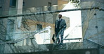 Outdoor, walking and black man on stairs for business, commute to law firm or court in city. Lawyer, African businessman or attorney on steps of building with bag, glass reflection and urban travel