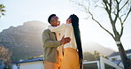 Love, couple and happy with dancing outdoor for favorite song, radio playlist or bonding in nature. Dancer, black people and moving with affection on anniversary date, summer romance and relationship