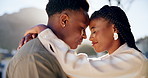 Love, black couple and happy with dancing outdoor for favorite song, radio playlist and bonding in nature. Dancer, people and moving with affection on anniversary date, summer romance and lens flare