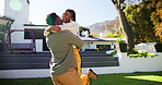 Excited, love and bonding with black couple and hug in backyard for romance, date and happy relationship. Marriage, embrace and anniversary with African man and woman for relax, peace and calm