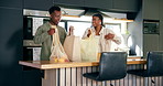 Black couple, happy and shopping bag in kitchen with groceries, food stock or fresh fruit for health. Man, woman or entering home with talking, love and produce from supermarket with smile or support