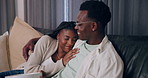 Black couple, watching tv and hug in home for love, care and connection for support. Television, happy man and woman with popcorn in living room to relax for movie, show or embrace for romantic film