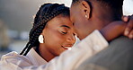 Happy, love and dancing with black couple and hug in backyard for romance, date and relationship. Marriage, embrace and anniversary with African man and woman bonding for relax, peace and calm