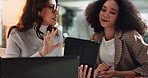 Businesswomen, tablet and office for ideas discussion, team planning and online for media research. Staff, creativity meeting and together for social engagement on website, support and brainstorming