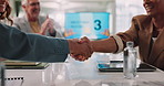 Handshake, partnership and business people applause in meeting for project proposal, deal and welcome. B2b, collaboration and team of workers with success, victory and celebration of agreement