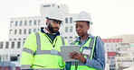 Construction worker, tablet and people with collaboration and teamwork on rooftop for solar panel installation. Renewable energy, engineering and development with tech and system inspection in city