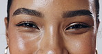 Eyebrows, face or happy woman in studio with closeup, glow or smile isolated on white background for shine. Portrait, microblading or model with pride, facial cosmetics or beauty skincare results