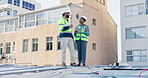 Solar panel, teamwork and engineering with people on rooftop for renewable energy, innovation and sustainability. Collaboration, electricity and photovoltaic development with man and woman in city