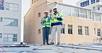 Construction worker, tablet and people with collaboration and teamwork on rooftop for contractor installation. Planning, engineering and development with tech and system inspection for safety in city