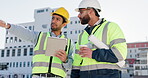 Architecture, tablet and teamwork with blueprint with people in city for project management, digital inspection and planning. Engineering, technology and design with contractor for urban development