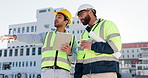 Contractor, tablet and teamwork with blueprint with people in city for project management, digital inspection and planning. Engineering, technology and design with construction for urban development 