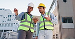Engineering, tablet and contractor with people in city for project management, digital blueprint and planning. Architecture, technology and structural design with teamwork for urban development 
