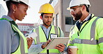 Contractor, tablet and teamwork with group of people in city for project management, digital blueprint and planning. Architecture, technology and design with engineering for urban development 