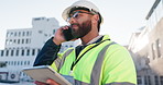 Tablet, phone call and construction worker on site with communication for contract city planning. Digital technology, industry and man civil engineer with mobile discussion for renovation approval.