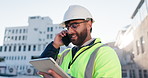 Tablet, phone call and construction engineer on site with communication for contract city planning. Digital technology, industry and man civil worker with mobile discussion for renovation approval.