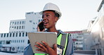 Tablet, phone call and woman construction worker on site with communication for contract city planning. Technology, industry and African civil engineer with mobile discussion for renovation approval.