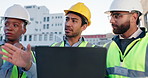 Business people, engineer and team with laptop for architecture, building or construction on rooftop in city. Young group, contractors or architects with computer for discussion on infrastructure