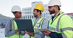 Business people, architect and team with laptop for construction, architecture or building on rooftop in city. Young group, contractors or architects with computer for discussion on infrastructure