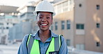 Happy, black woman and civil engineer with helmet in city for construction, building or architecture on rooftop. Portrait, young African or female person wirh smile or hard hat for safety in Jamaica