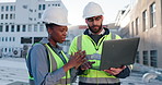 Construction, laptop and people with green technician and teamwork on rooftop for contractor installation. Planning, engineering and development with tech and system inspection for safety in city