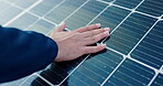 Hands, engineer and person in engineering with solar panel for renewable energy installation and quality assurance. Power supply service, technician or inspection of photovoltaic grid for maintenance