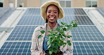 Happy, black woman and farmer with plant or solar panel for eco friendly and sustainable future in city. Portrait, young African or female person with renewable energy for natural growth in Jamaica