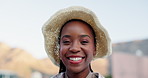 Happy, black woman and florist with hat in city for eco friendly environment or agriculture growth. Portrait, young African or farmer with smile for natural sustainability or global warming in Brazil