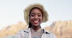 Happy, black woman and farmer with hat in city for eco friendly environment or agriculture growth. Portrait, young African or florist with smile for natural sustainability or global warming in Brazil