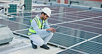 Hands, electrician and person in engineering with solar panel for renewable energy installation or quality assurance. Power supply service, engineer or inspection of photovoltaic grid for maintenance