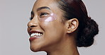 Woman, eye and gel patch for skincare, dermatology and hydration with hyaluronic acid and aloe vera. Model, happy and mask in studio for healthy skin, face and beauty on white background in Brazil