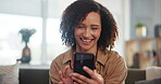 Woman, happy and smartphone in house for conversation, relax and streaming on weekend. Female person, laugh and mobile communication in living room for gossip, news and funny story on social media