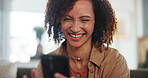 Woman, happy and smartphone in house for communication, relax and streaming on weekend. Female person, laugh and mobile conversation in living room for gossip, news and funny story on social media
