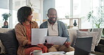 Happy couple, paper and laptop in home for budget, finance planning or bank statement on sofa. Man, woman or talking in living room with documents, insurance comparison or excited for savings balance