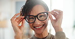 Frame, face or happy woman with glasses for eye care, modern style or product on prescription. Portrait, smile or confident customer holding spectacles in clinic for size, vision or lens in France