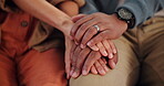 Couple, holding hands and support with counselling for love, marriage therapy and relationship advice of gratitude. People, comfort and empathy for loyalty commitment, conflict healing and forgive 