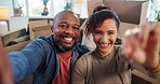 Couple, face and selfie with keys in new home for moving, goals or excited for fresh start at property. Mature man, woman and happy with mortgage, memory and photography for social media in Colombia