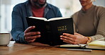 Gospel, hands and bible by man and woman reading or praying for peace, religion or faith with coffee. Couple, God and people with prayer, christianity or Jesus Christ praise together in home