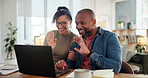Couple, wave and laptop with video call in home for online communication, network and hello. Happy, man and woman greeting with conversation on tech platform for virtual chat, app and connectivity