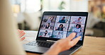 Video call, hands or business people on screen in virtual meeting for discussion or online briefing in home. Remote work, laptop or person in webinar for teamwork, talking and speaking of project