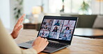 Video call, business people or hands greeting on screen in virtual meeting for discussion on laptop in home. Remote work, online or person in webinar for teamwork, talking and speaking of project