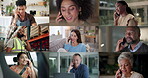 Phone call, people or talking in collage for contact, business or global communication. Employees, service industry or chat on mobile for international networking, connection or diversity in montage